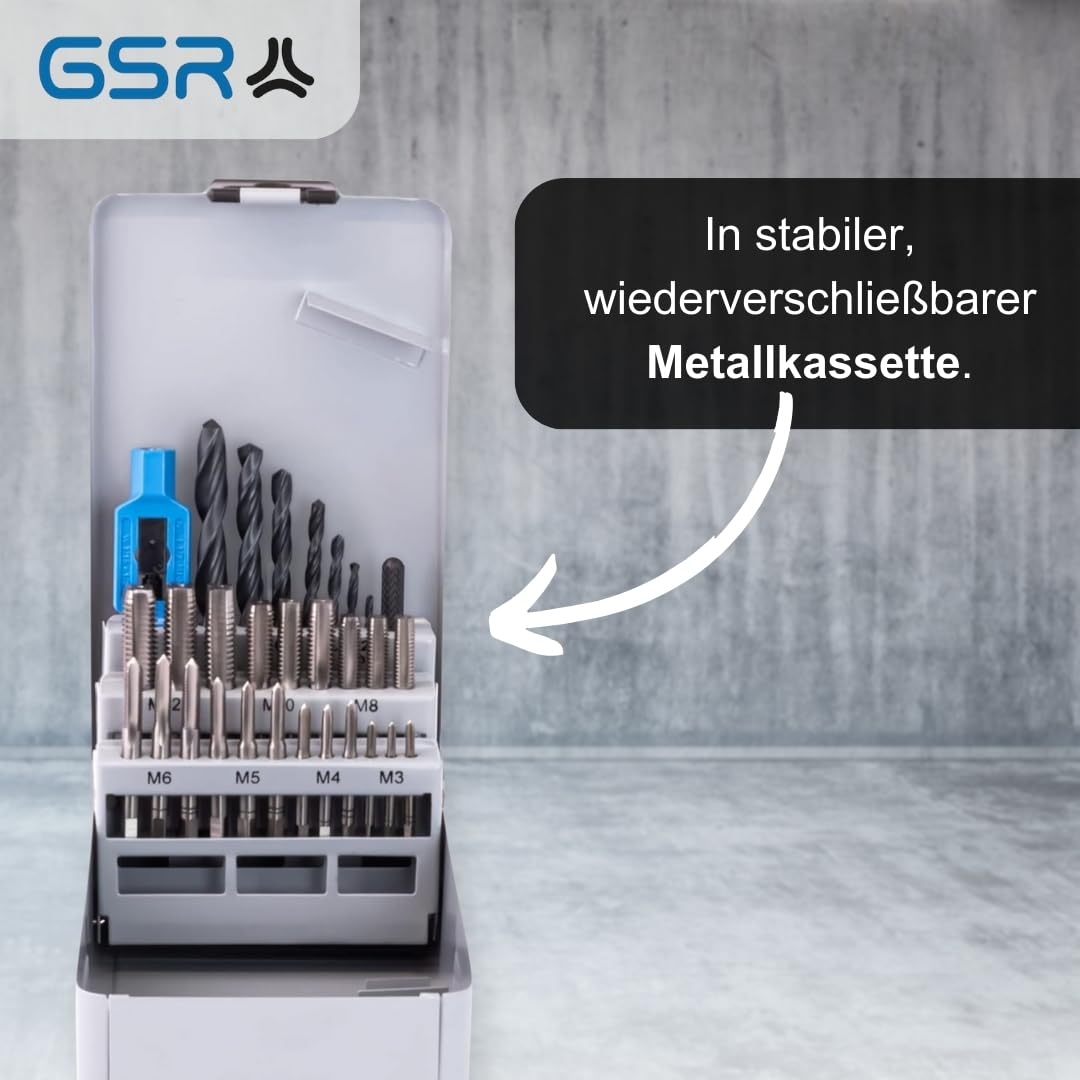 GSR Set maschi e punte elicoidali HSS – 30 pezzi M3–M12 | kit filettatura professionale con giramaschi e dima | DIN 352/338 / 1814 | valigetta in metallo