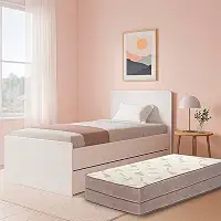 Bicama Solteiro com 2 Colchões D33, MDF, 93x193x80cm, Cama Auxiliar Deslizante, Branco