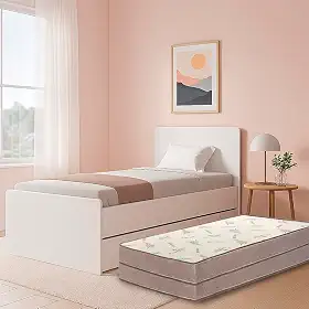 Bicama Solteiro com 2 Colchões D33, MDF, 93x193x80cm, Cama Auxiliar Deslizante, Branco