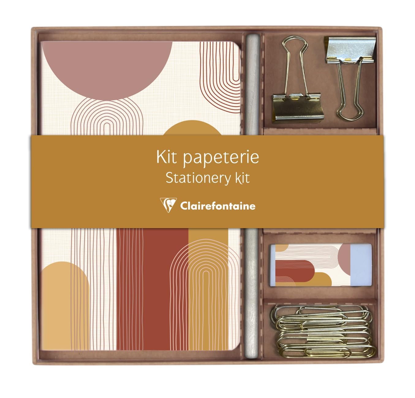 Clairefontaine 116071C - Stationery Kit: Notebook 11x17cm 64 Lined Pages, a Pencil, 2 Double-Clip Clips, 10 Paper Clips and an Eraser - Terracotta Collection