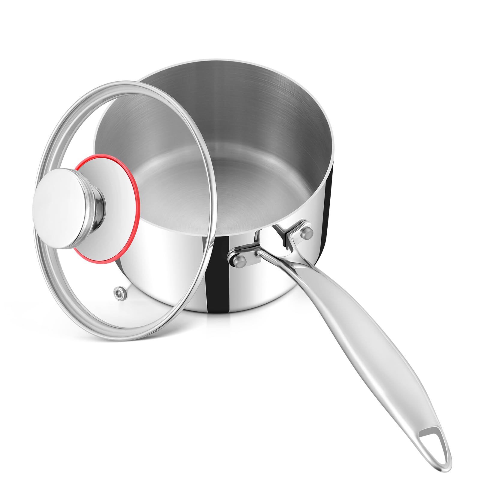Rondel z rączką 14cm, Onader 3-warstwowy garnek ze stali nierdzewnej do mleka i gotowania dla wszystkich rodzajów kuchenek włącznie z indukcją, 1,4L mały rondel ze szklaną pokrywką, zdrowy i nadaje