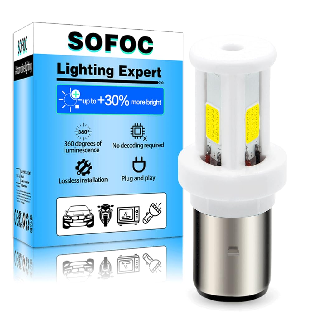 SOFOC BA20D Ampoule 12V 24V S2 H6 LED Phare Moto/Voiture Tête Céramique Blanc, Blanc+Jaune Commutable 10-80V AC/DC 2000LM 12W 2Pcs