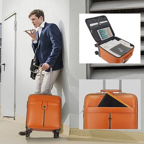Miniatura 9 de Leathario Maleta con ruedas de cuero para laptop, maletín con ruedas, Naranja