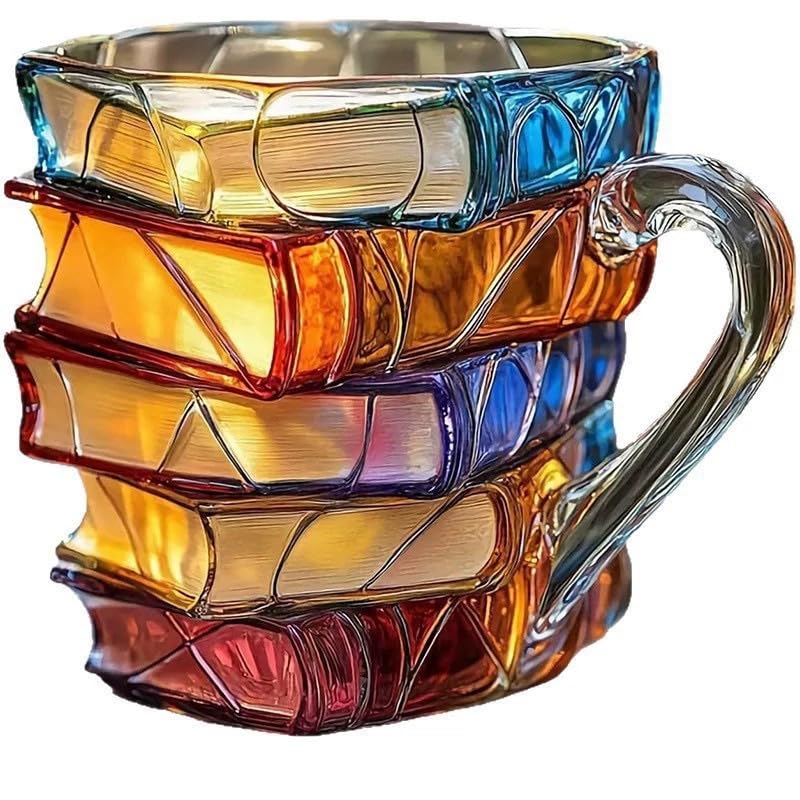 Taza de vidrio pintada con diseño libro apilado 11 oz miniatura 2