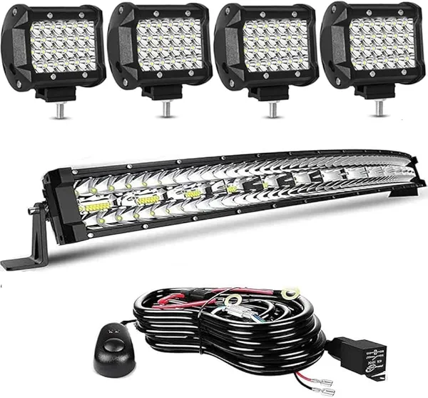 LED Light Bar Kits - 32IN Curved 585W Triple Row Offroad Driving LED Light Bar+ 4pc 4inch 72W Led Pod Lights with Wiring Harness-3 Lead Fit for Pickup Trucks SUV ATV UTV Boat Lights