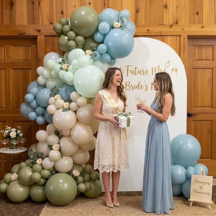 Image of Sage Green and Blue Balloons, 60 PCS 12 Inch Dusty Green Blue Sand | White Gold Balloons for Baby Shower Bridal Shower Wedding Boho Birthday Party Decorations