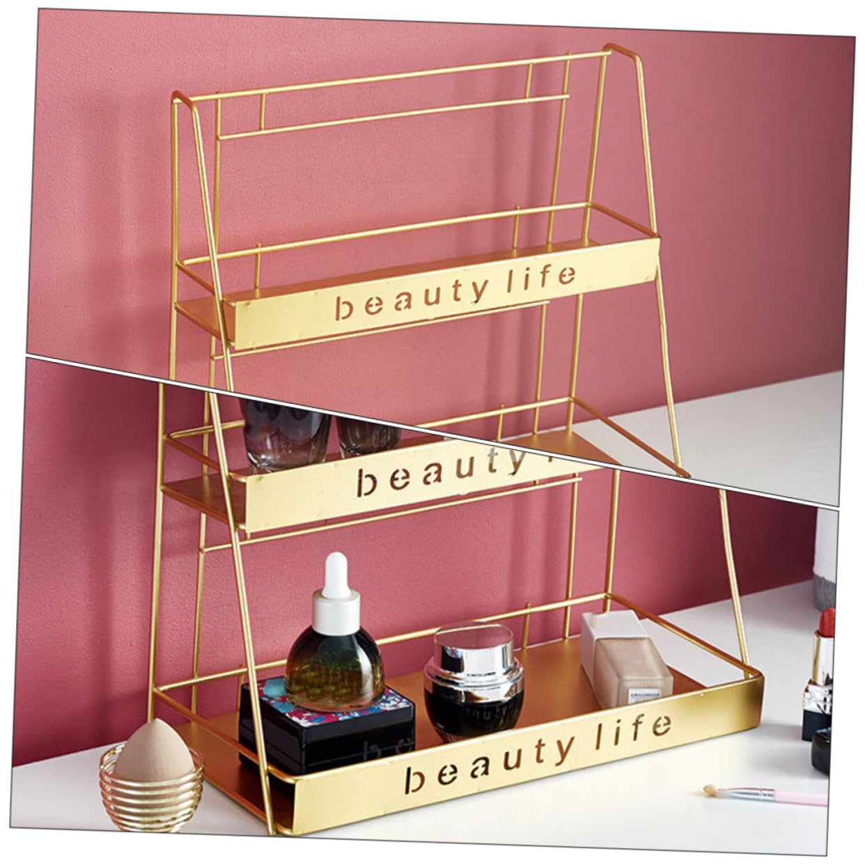 HOOTNEE Double Iron Vanity Shelf Desktop Storage Rack for Bathroom and Bedroom Organizer for Sundries Simple Structure with Strong Bearing Capacity Finish Bezuty