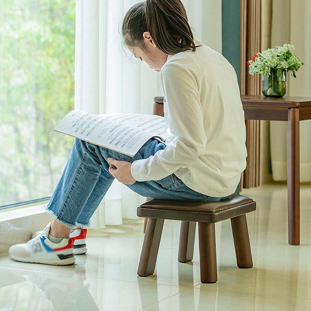 Minimalist Fashion Creative Children's Small Stool for Home Solid Wood Square Stool for Shoe Replacement Stool Pu Leather Cushion Small Foot Stoolcasual/Single