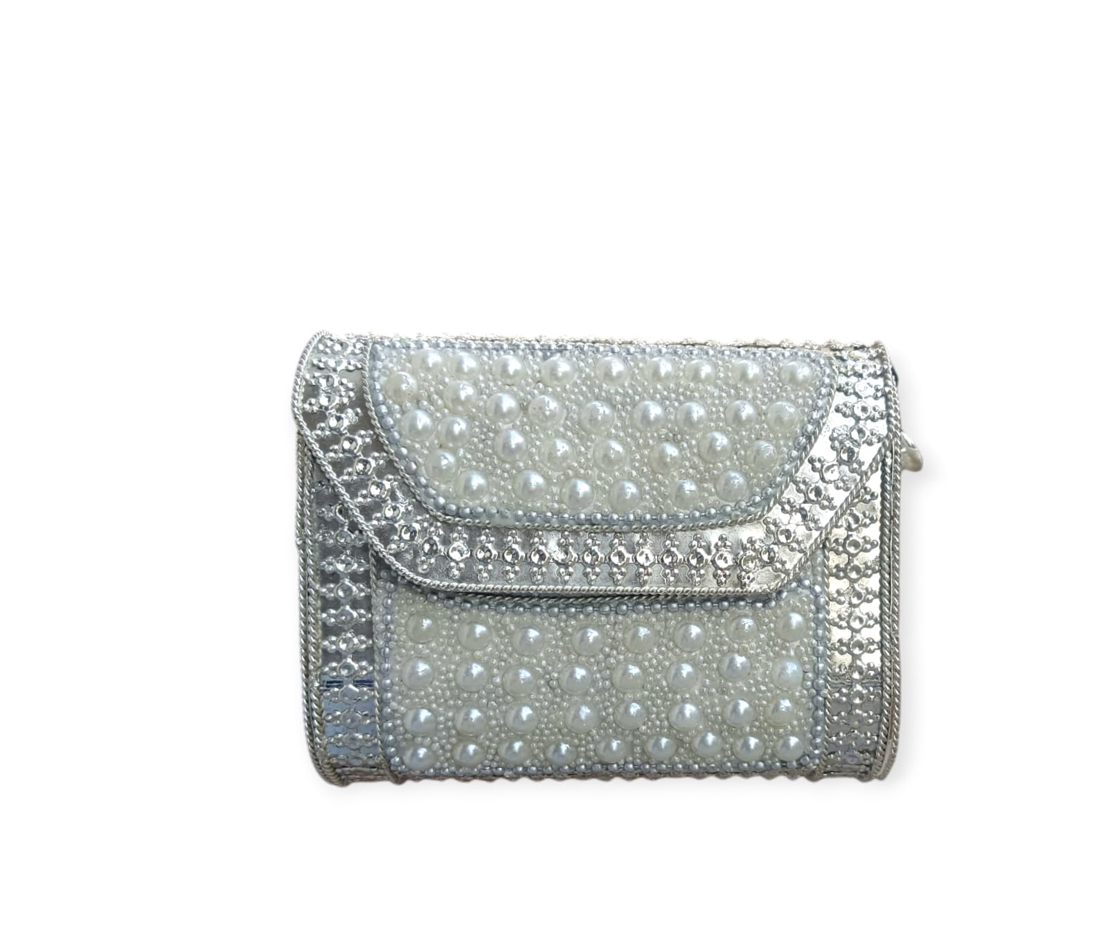 Vintage Pearl Embellished Metal Clutch, Silver Chain Crossbody Clutch, White Sling bag, 10x9 cm-image-47