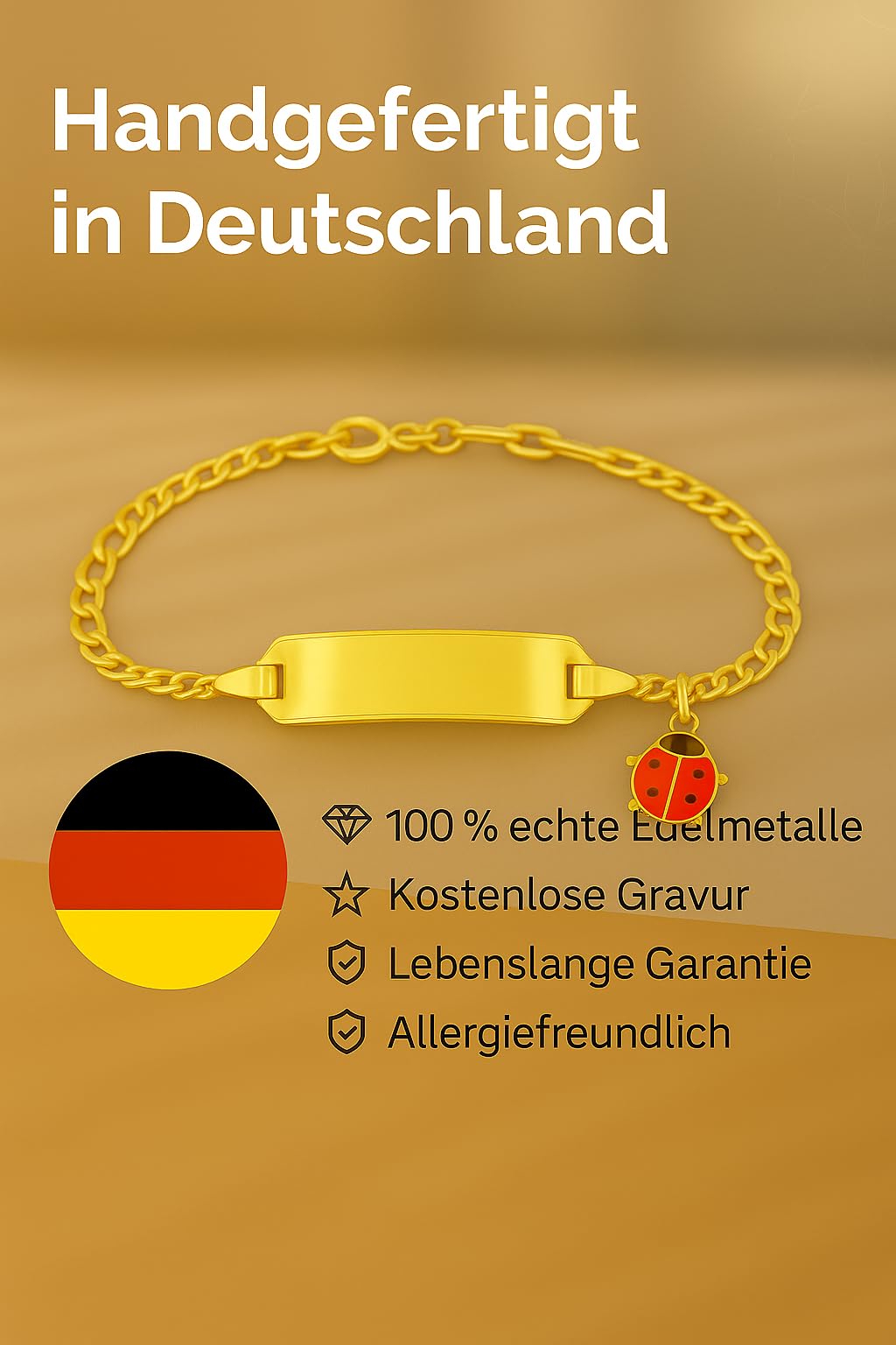 JC Schmuck 333 Gold Baby ID-Armband Kinder Goldarmband 14 cm mit Marienkäfer Anhänger rot I Figaro Armband mit Gravur Taufarmband Gold Namensarmband I Kinderschmuck | Made in Germany | 5.5305224