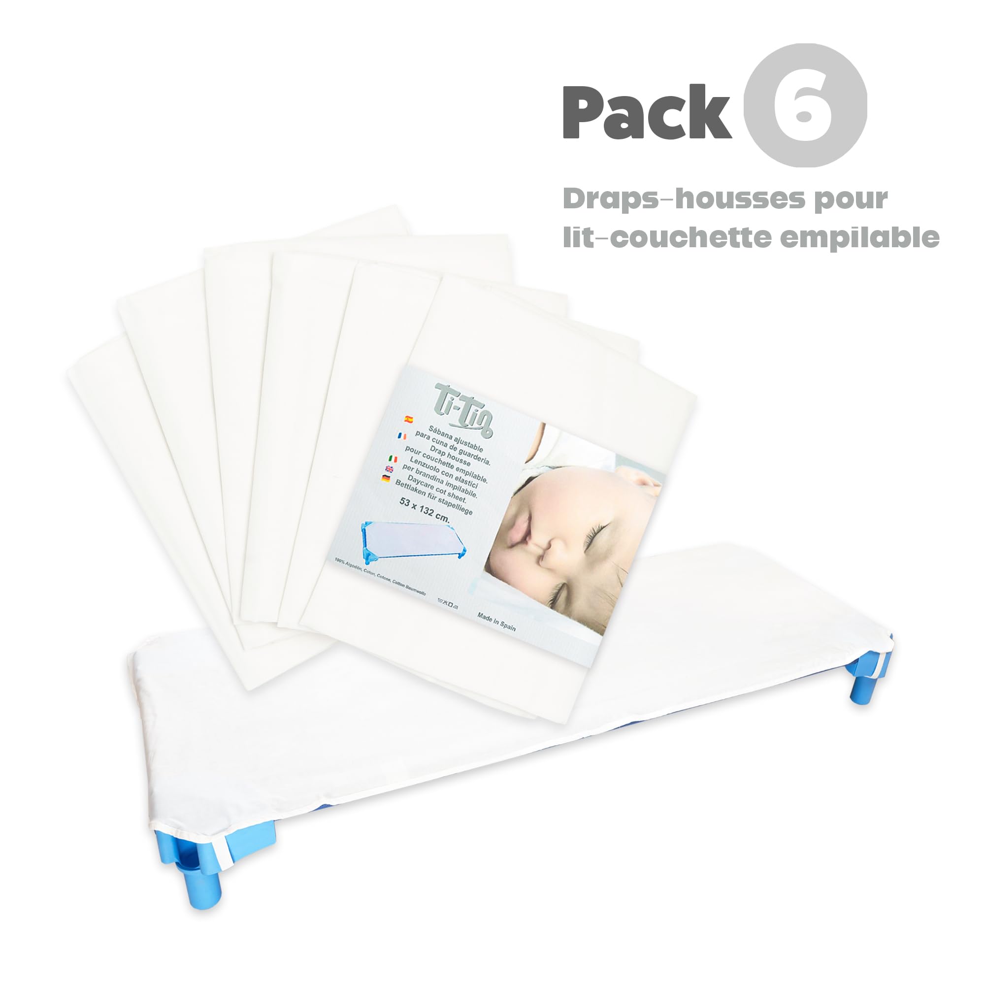 Ti TIN | Lot de 6 Draps Housses pour Lit Enfant/Bébé, 52x132 cm | pour Lit Empilable et Transportable - Drap Housse Respirant et Réglable - École et Garderie - 100% Coton - Couleur Blanc