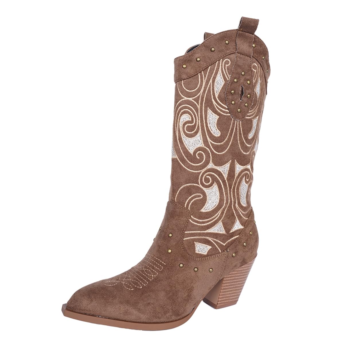 Cowgirl Boots Women Chunky Heel Knee High Cowboy Boots Mid Calf with Chunky Heel Retro Embroidery Western Boots