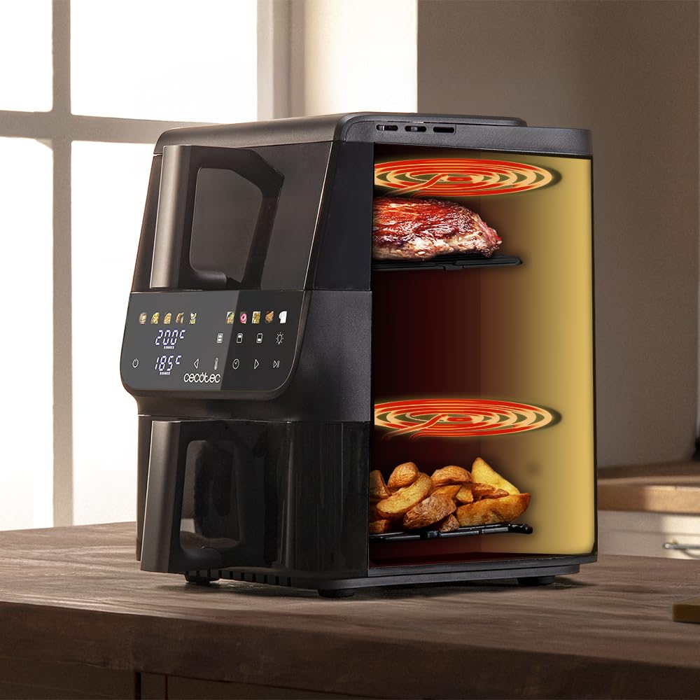 Cecotec Bezolejowa frytkownica powietrzna - Air Fryer 10L Cecofry DuoLevel 10000 DuoSize Window. 2000 W, konstrukcja pionowa, 2 zbiorniki 3,5 l i 6,5 l, synchronizacja, 10 menu, temperatura 80-200ºC