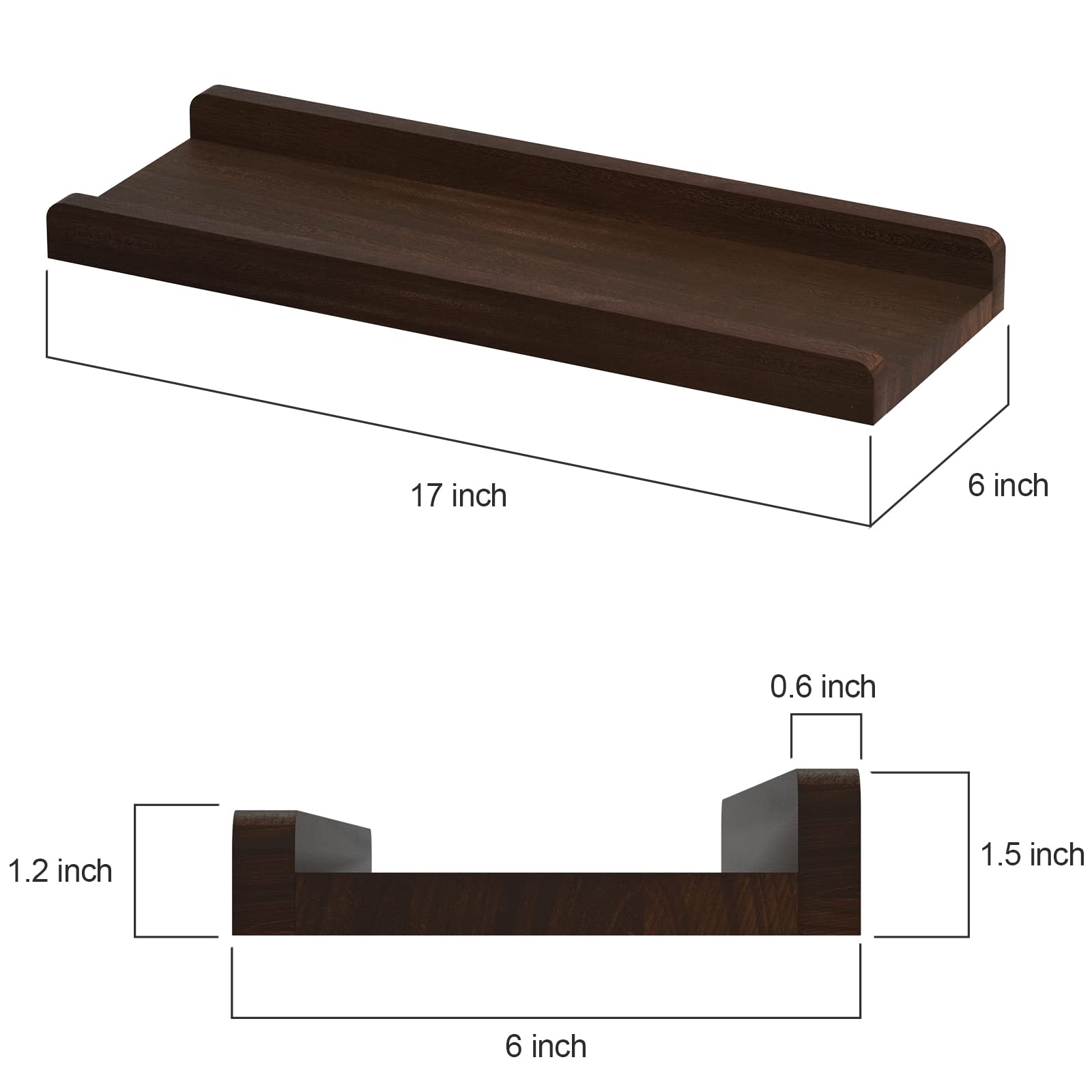 Love-KANKEI Floating Shelves Wall Mounted Set of 2, 17 Inch Rustic Wood Wall Shelves for Storage, Bedroom Living Room Bathroom Kitchen Office and More Dark Walnut