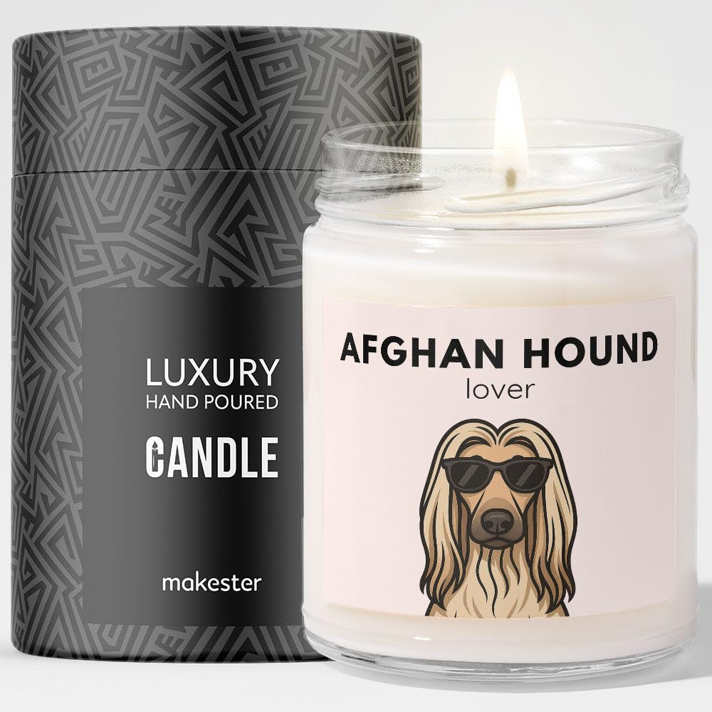 Afghan Hound Gifts - Luxury Soy Wax Candle - Vanilla, Jasmine, Sugared Almond - Dogs in Shades - Makester