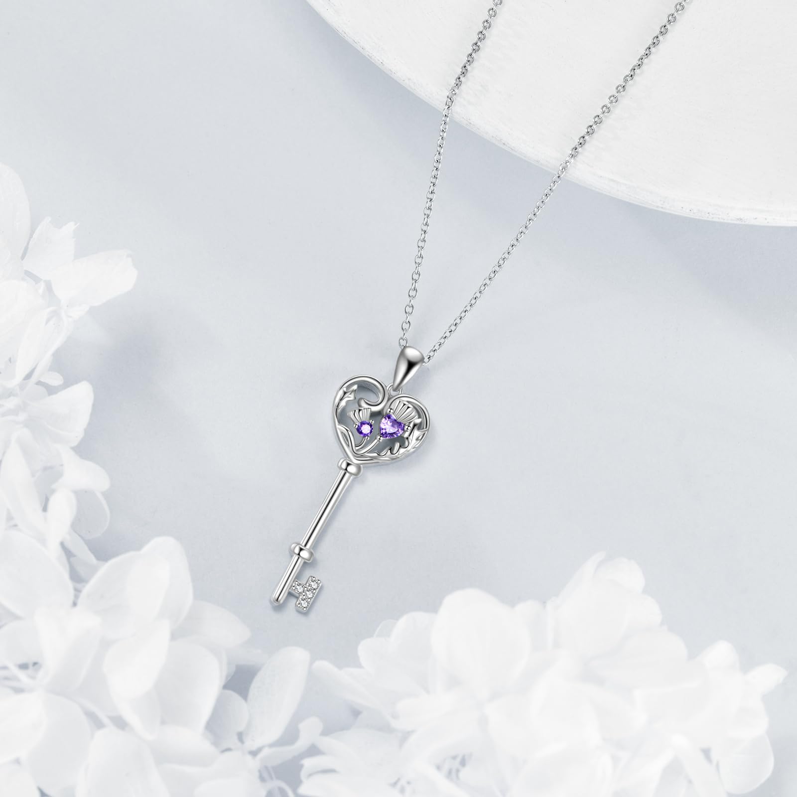 POPLYKE Schottische Distel Schlüssel Halskette für Frauen Sterling Silber Schlüssel Halskette Schottische Distel Anhänger lila Blume Schmuck für Frauen