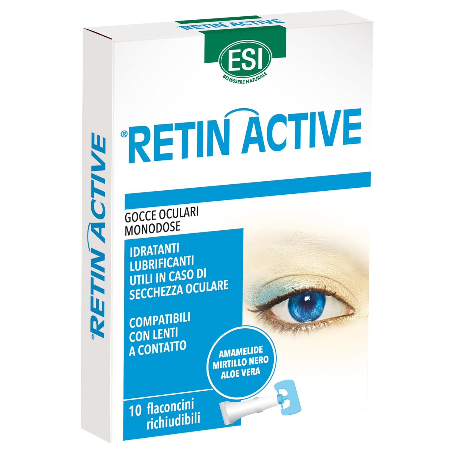 ESI - Retin Active, Gocce Oculari Monodose a Base di Mirtillo Nero per il Benessere della Vista, Idratanti e Lenitive, Proteggono gli Occhi da Condizioni Ambientali Sfavorevoli, 10 Flaconcini