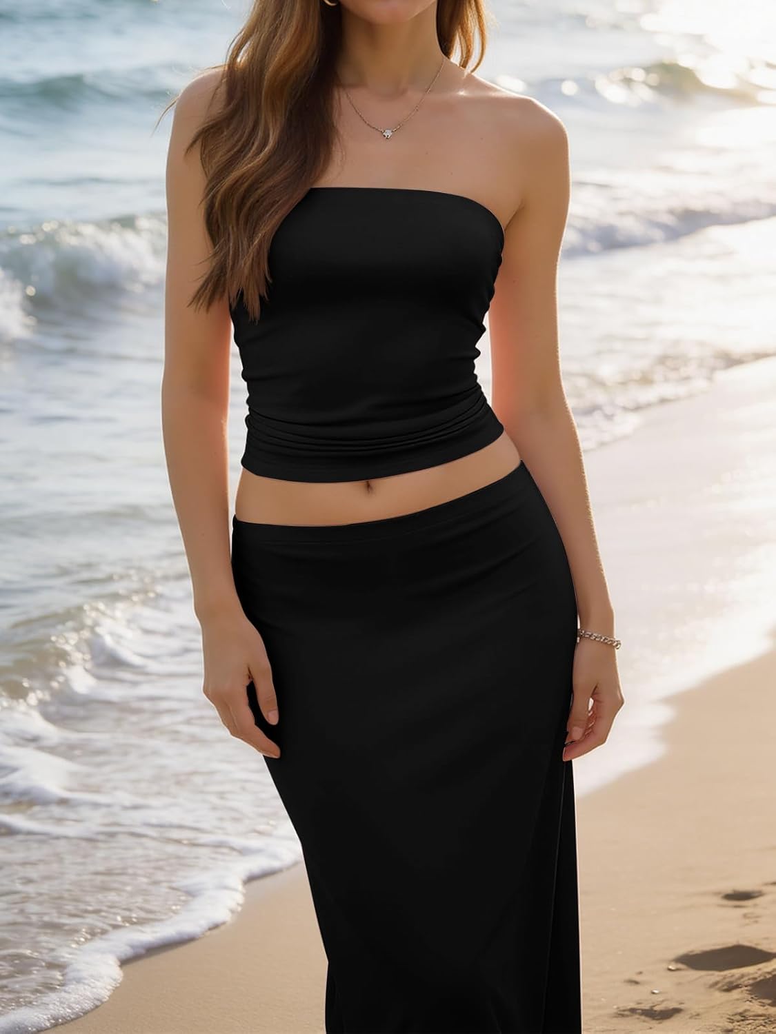 Tankaneo Womens Summer 2 Piece Skirt Set Strapless Tube Top and Bodycon Maxi Skirts Matching Sets Beach Vacation Outfits - Image 3