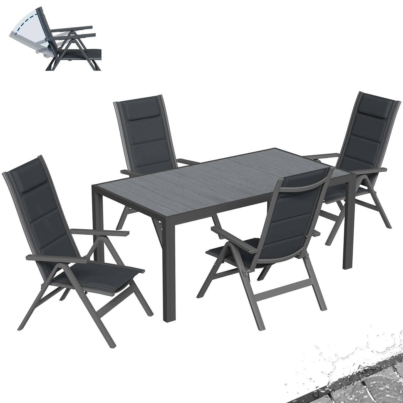 Devoko Set Tavolo e Sedie da Giardino 5 Pezzi, Composto da Tavolo 150 cm in Alluminio e 4 Sedie Pieghevoli, Tavolo da Giardino con Finitura a Vena di Legno con Sedie da Terrazza, Balcone, Grigio