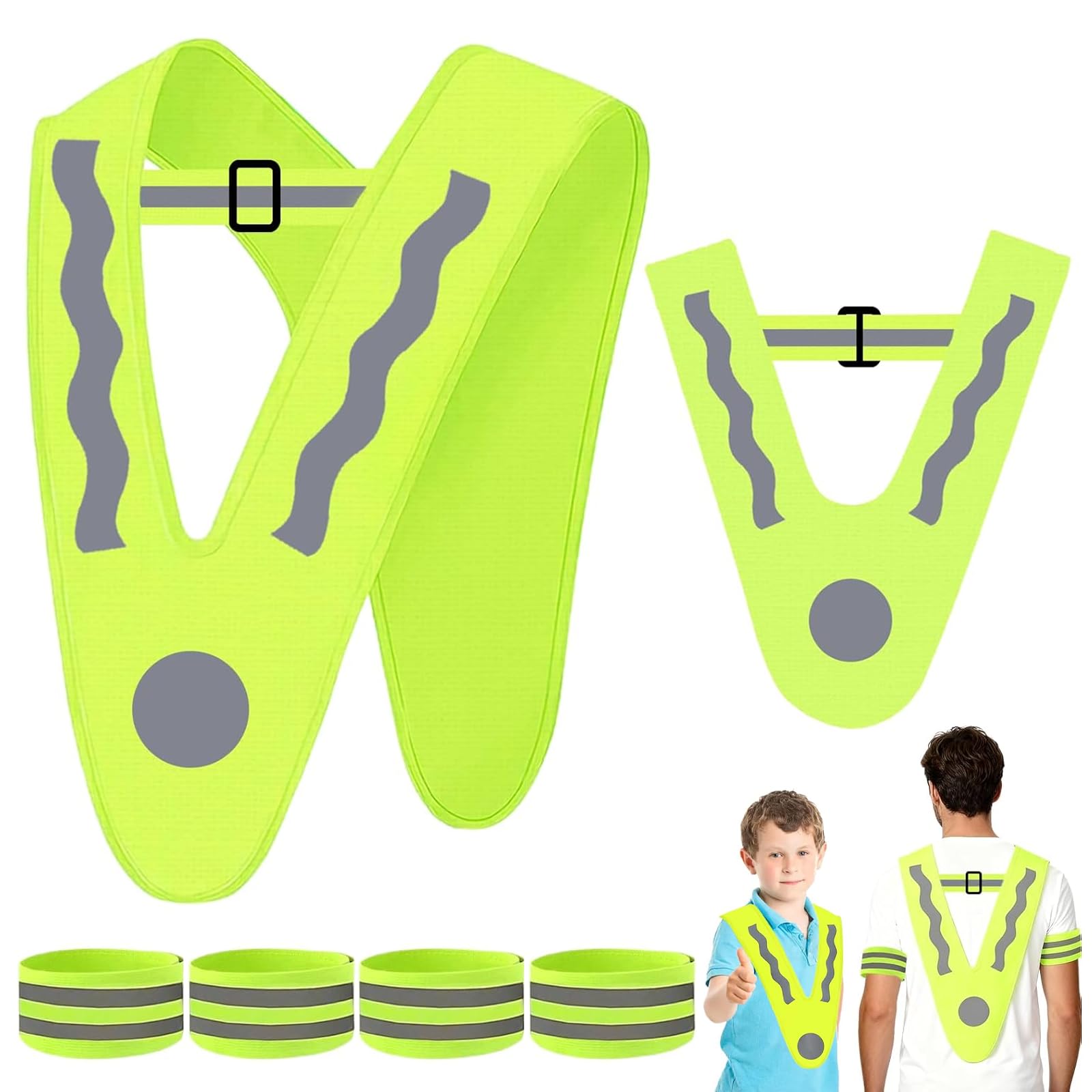 ZSOPN Warnweste Kinder Erwachsene 2er-Set mit 4 Reflektorband, Leuchtweste Reflektoren Sicherheitsweste V-Form, Waschbar Leichte Leuchtweste Sicherheitsweste für Jungen Mädchen Nächtliche Outdoor