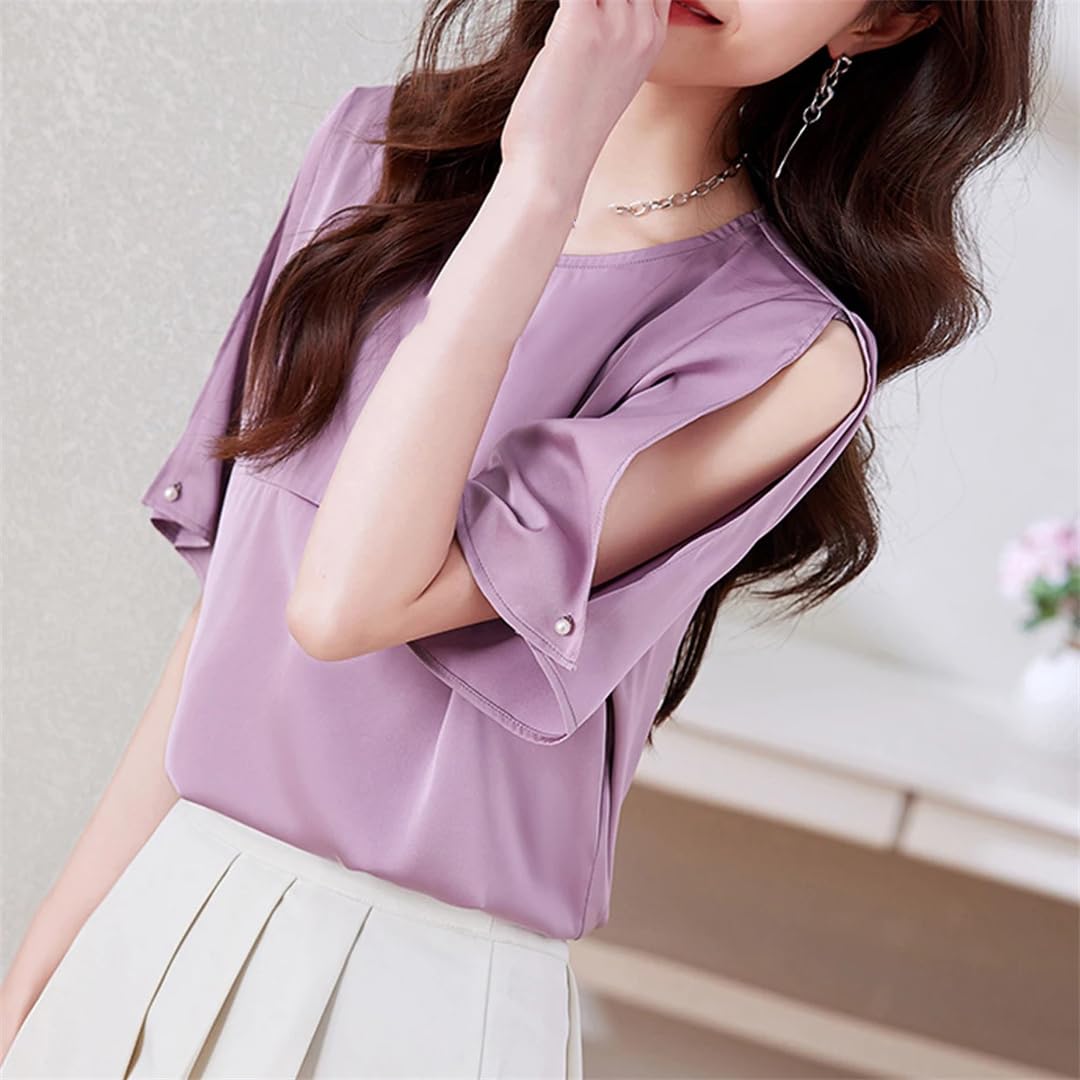Chemisier d'été en satin pour femme - Manches courtes - Col rond - Couleur unie