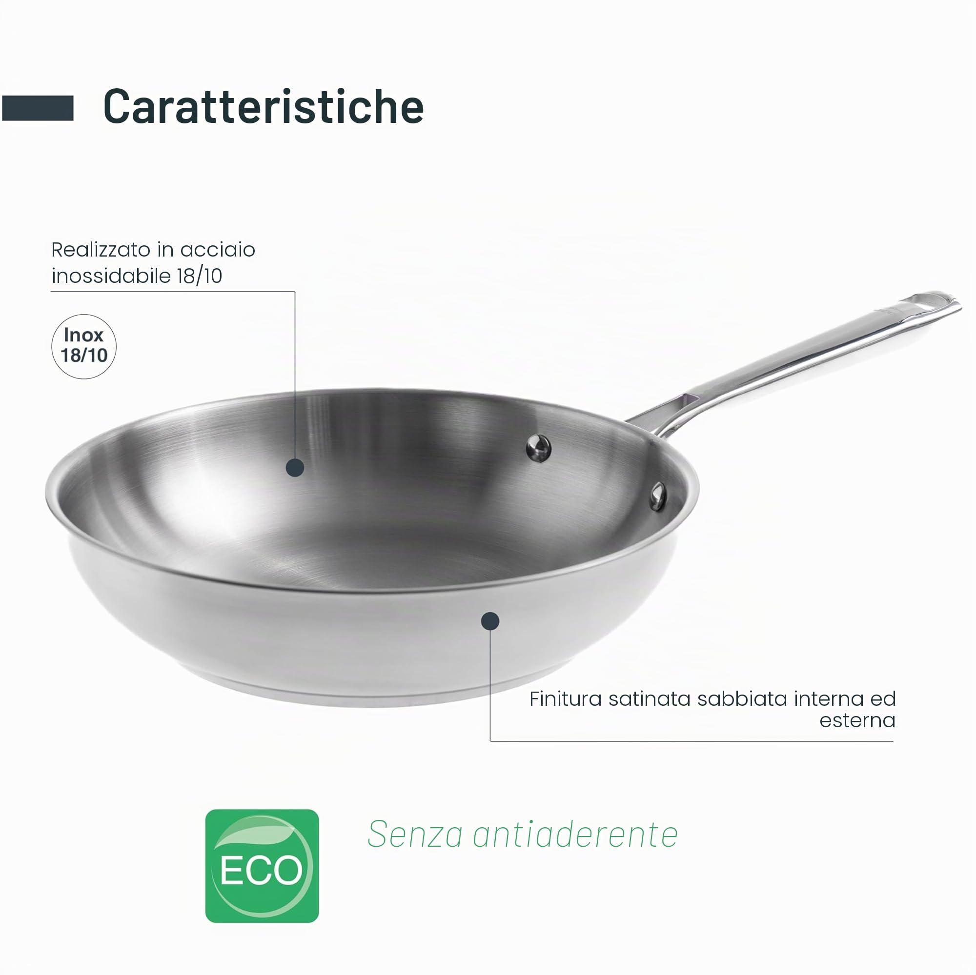 LACOR - 44424 - Padella in Acciaio Inox 18/10 Cucina, Padella Antiaderente, Adatta a tutti i tipi di Fornelli Compresa l'Induzione, 100% Senza PFAS, Ø24 cm
