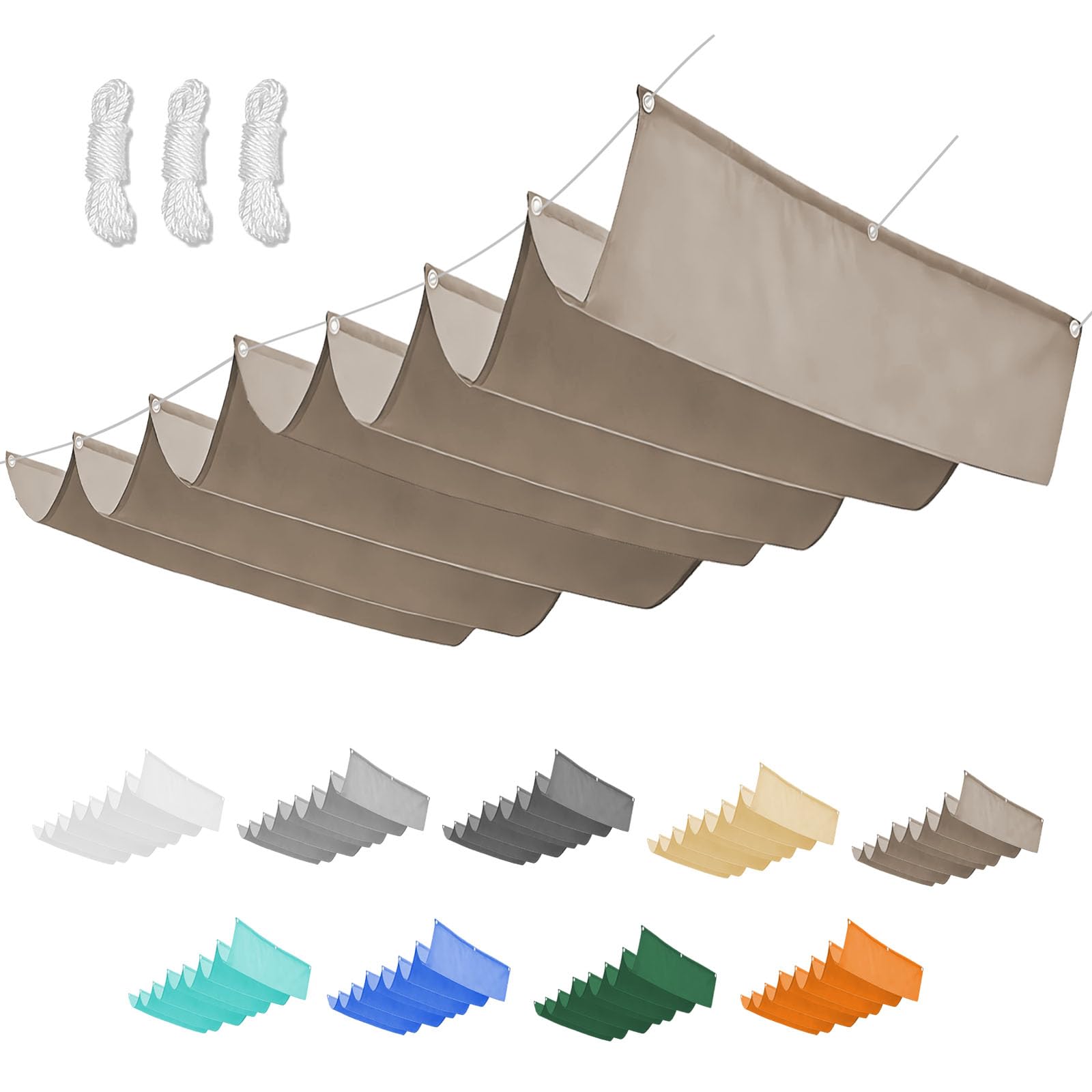 Retractable Wave Shade Cloth, Waterproof Rectangle Sun Shade Sail Garden Sunscreen Awning Canopy with Rope for Outdoor Patios Garden Backyard-Khaki||250x250cm