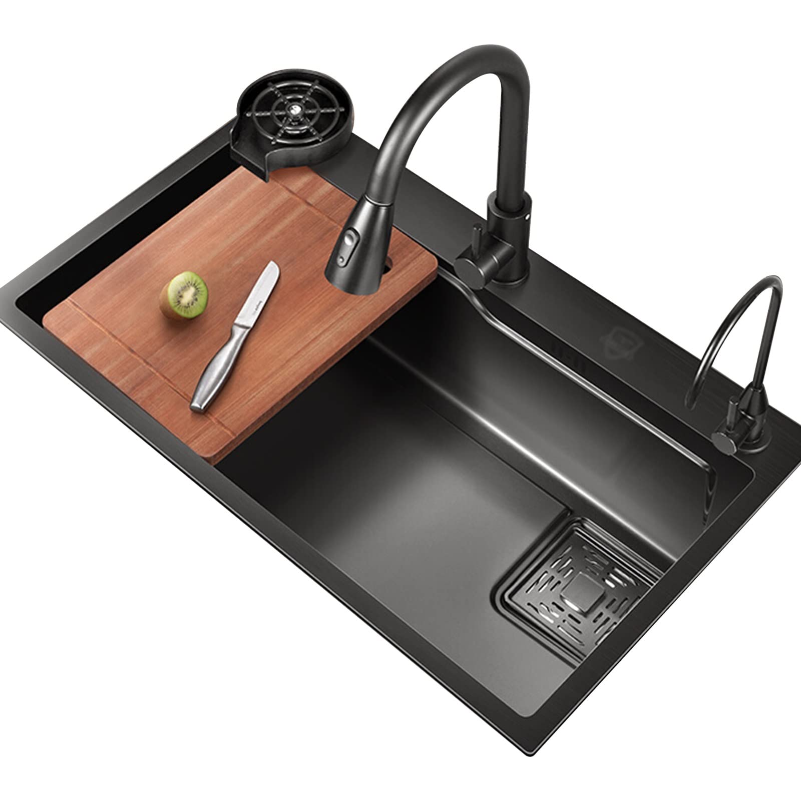 Schwarze Edelstahl-Doppelspüle Mit Ausziehbarm Wasserhahn – Komplettset Für Küche (72x40x22 Cm)