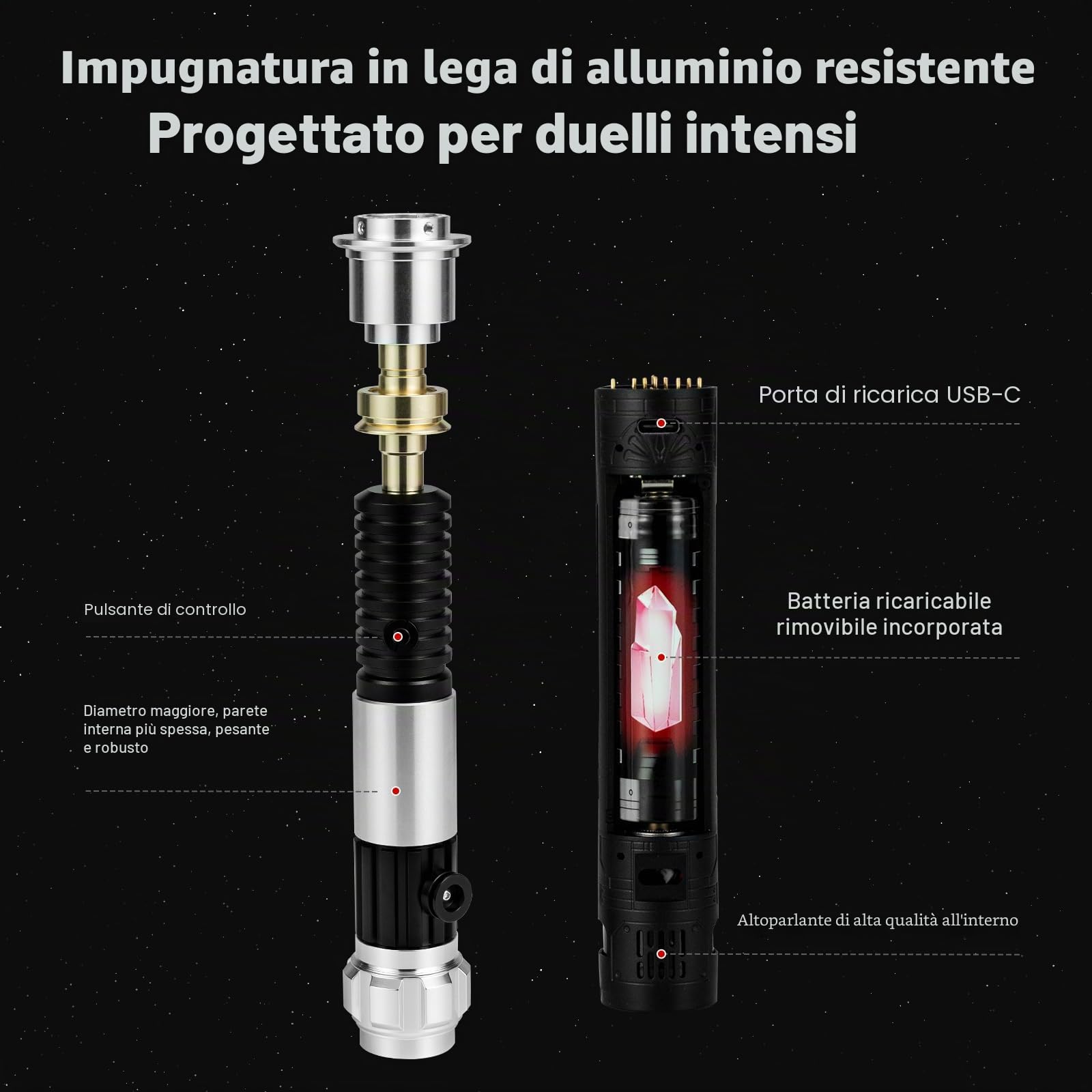 AthlChamp Sciabola da duello Pesante Controllo Tramite App, per Adulti, con Impugnatura in Metallo Pesante e Lama Spessa, 16 Effetti sonori e Cambio Colore Infinito (RGB-OBW)