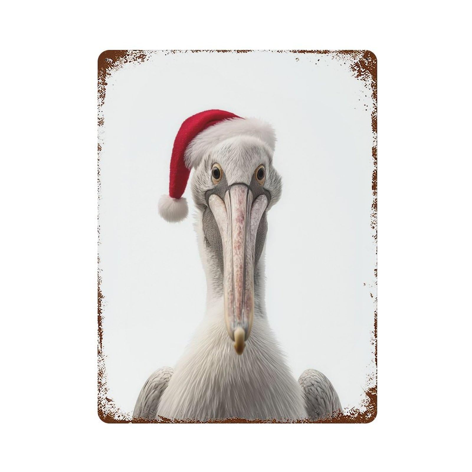Weathered Tin Sign with Pelican Wearing A Santa Hat Design 15.7"x11.8", for Basement, Hobby Room And Garage Decor, Industrial Home Decor