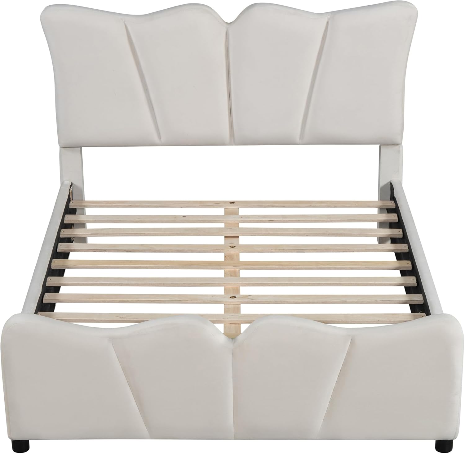 Full Size Bed Frame with Headboard, Full Size Upholstered Platform Bed, Velvet Kids Full Bed, Velvet Platform Bed Frame for Teens Adults (Beige,Full)