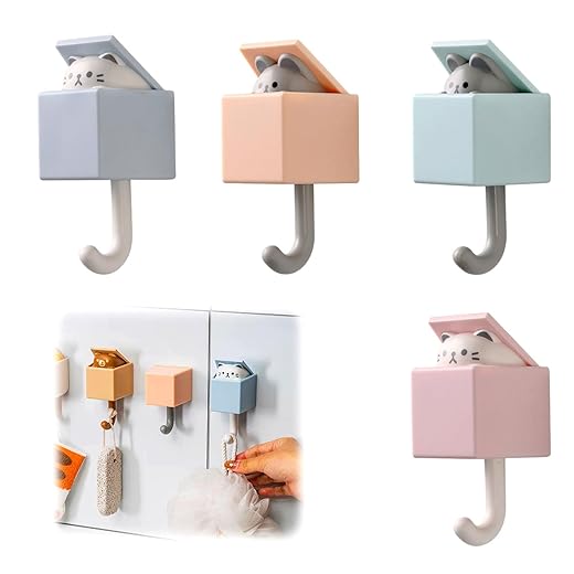 RobLuX 4 Stück Wandhaken für Tiere Klebehaken Niedliche Kreative Haken für Mantel Cat Hook Einziehbare Klebehaken Tier für Kleiderhaken Kinder Wanddekoration Ohne Bohren