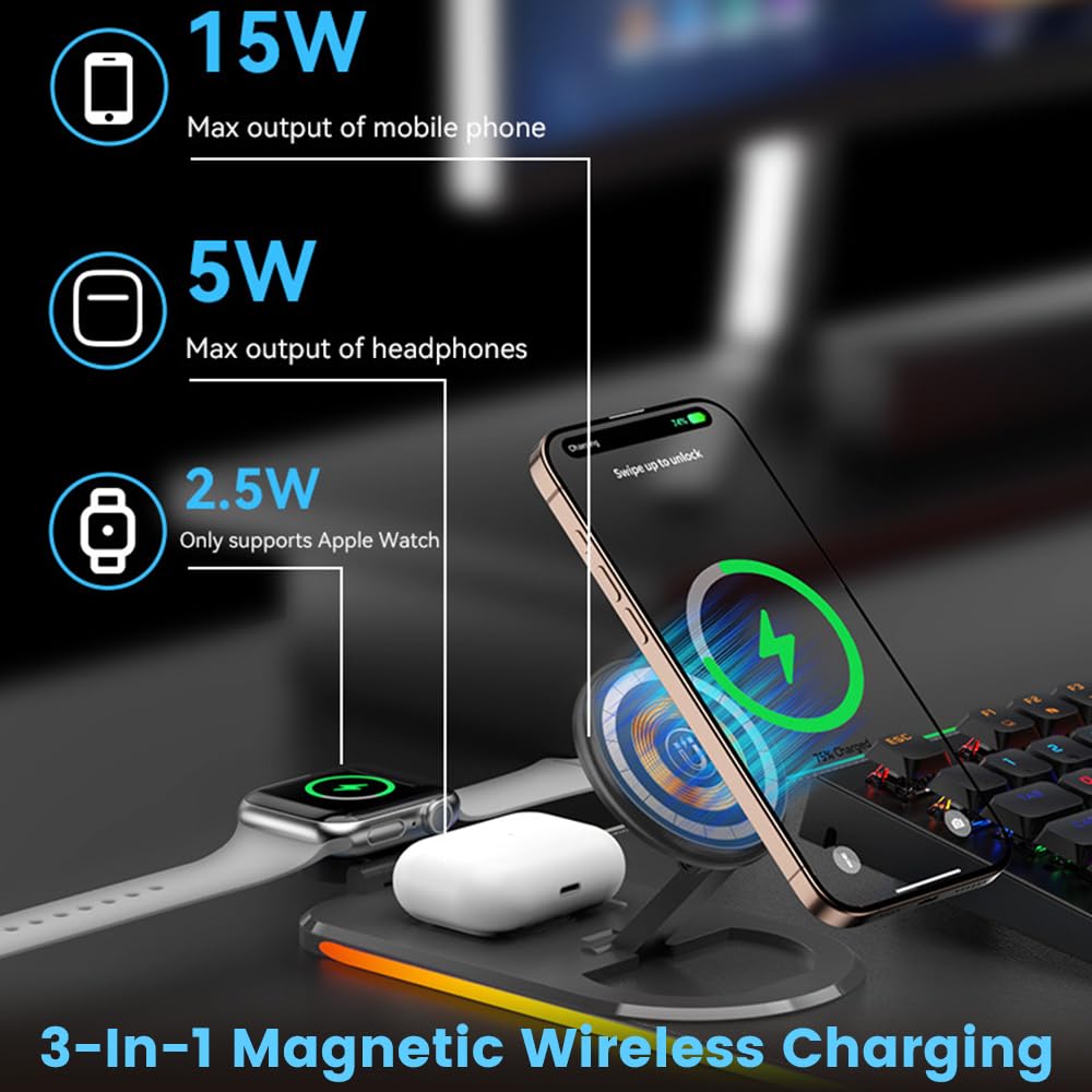 Tappetino per mouse 3 in 1 con ricarica wireless, 80 x 30 cm, RGB con ricarica wireless magnetica, 15 modalità di illuminazione, base antiscivolo, tappetino per tastiera impermeabile, nero