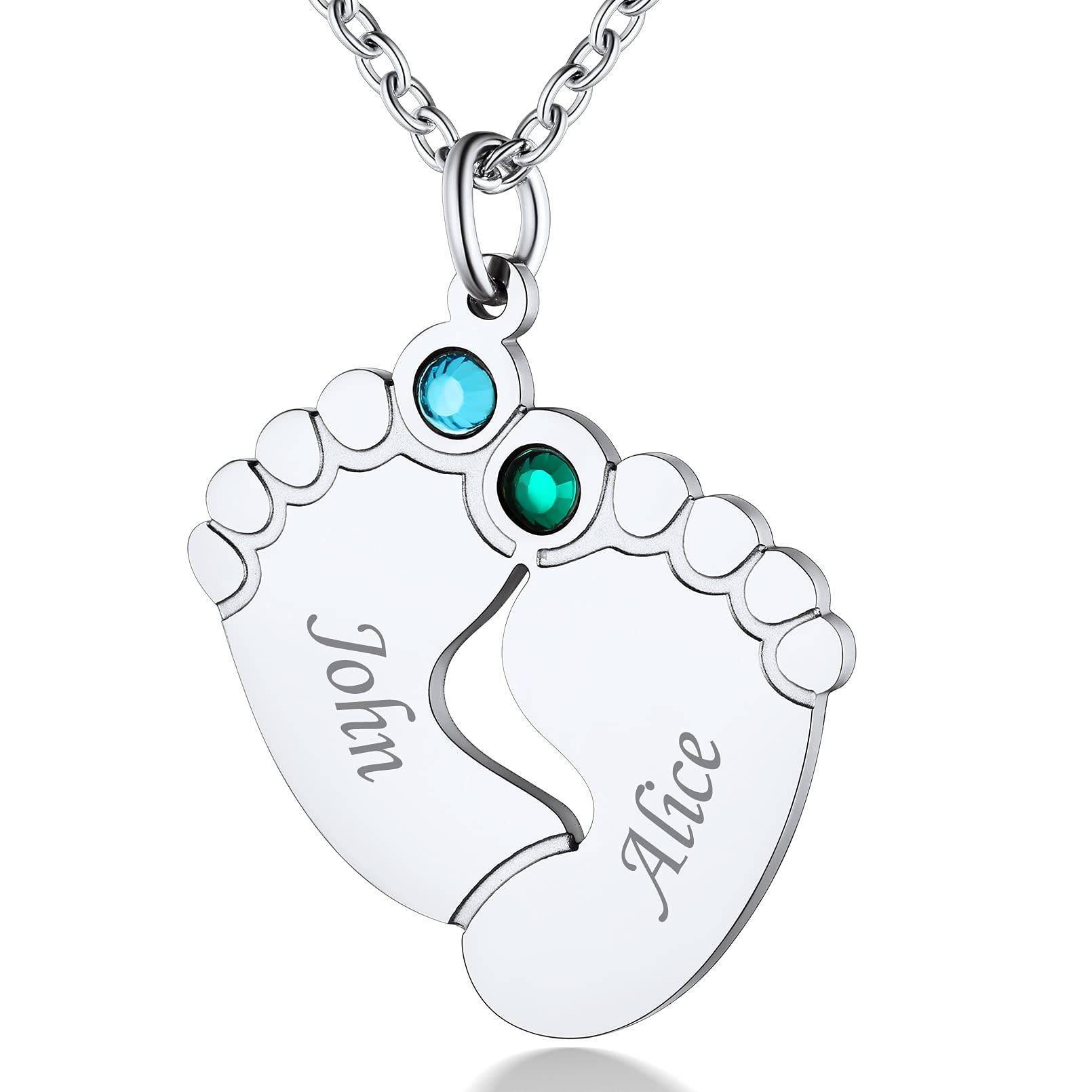 Personalised Name Baby Feet Necklace Mom Necklace with 2 Birthstone and 2 Names Engraved Pendant for Family New Mum Daughter
