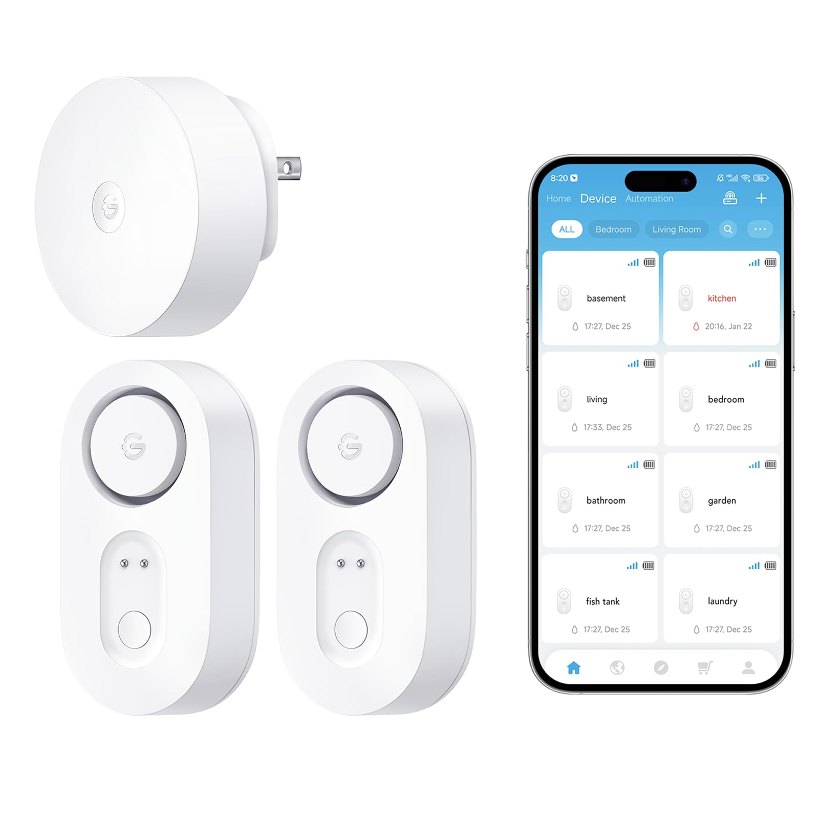 GoveeLife WiFi Water Leak Detector for Home Bundle with sub-Device with 105dB Adjustable Alarm,Water Sensor with 1804ft Long Monitoring Rang