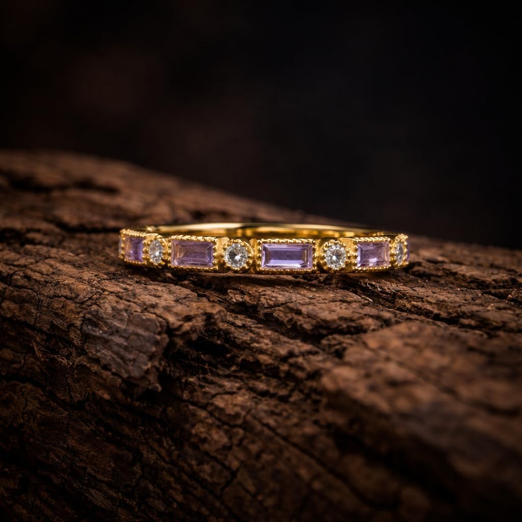 Vintage Amethyst and Diamond Eternity Band Ring, 14K Yellow Gold Baguette Amethyst Wedding Band, Stackable Anniversary Ring Gift for Her