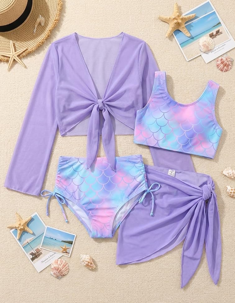 Image of GRACE KARIN Girls Bathing Suit Adjustable Taniki Swimsuit Tie Front 4 Piece Bikini Set with Kimono Cover Up 6-14