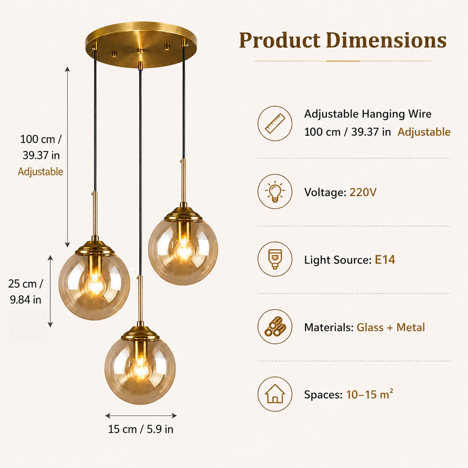 Lampadario moderno a forma di globo con 3 luci, altezza regolabile, lampadario a sfera, lampadario industriale per isola cucina, sala da pranzo (profondità: 15 cm x altezza: 25 cm)