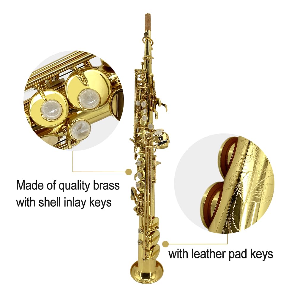 ModouString Straight Soprano Saxophone Bb B Flat Sax with Case, Mouthpiece,Reeds & Accessories Brass Woodwind Instrument for Beginners,Adults & Advanced Players
