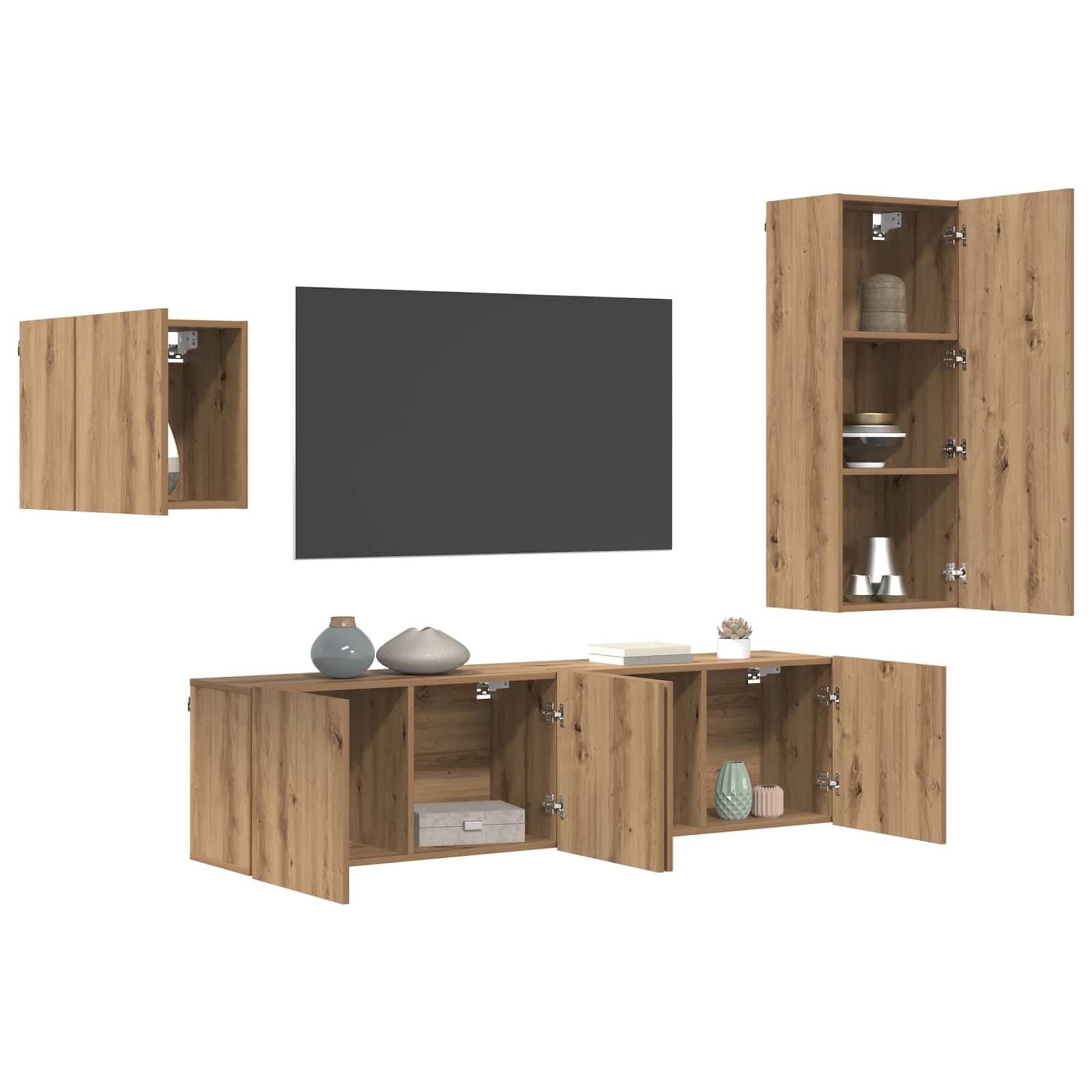 TV-Schrank Wandmontiert 4-teilig Artisan-Eiche Holzwerkstoff, Modernes Media Center für Wohnzimmer, Schlafzimmer, Elegantes Design mit Stauraum