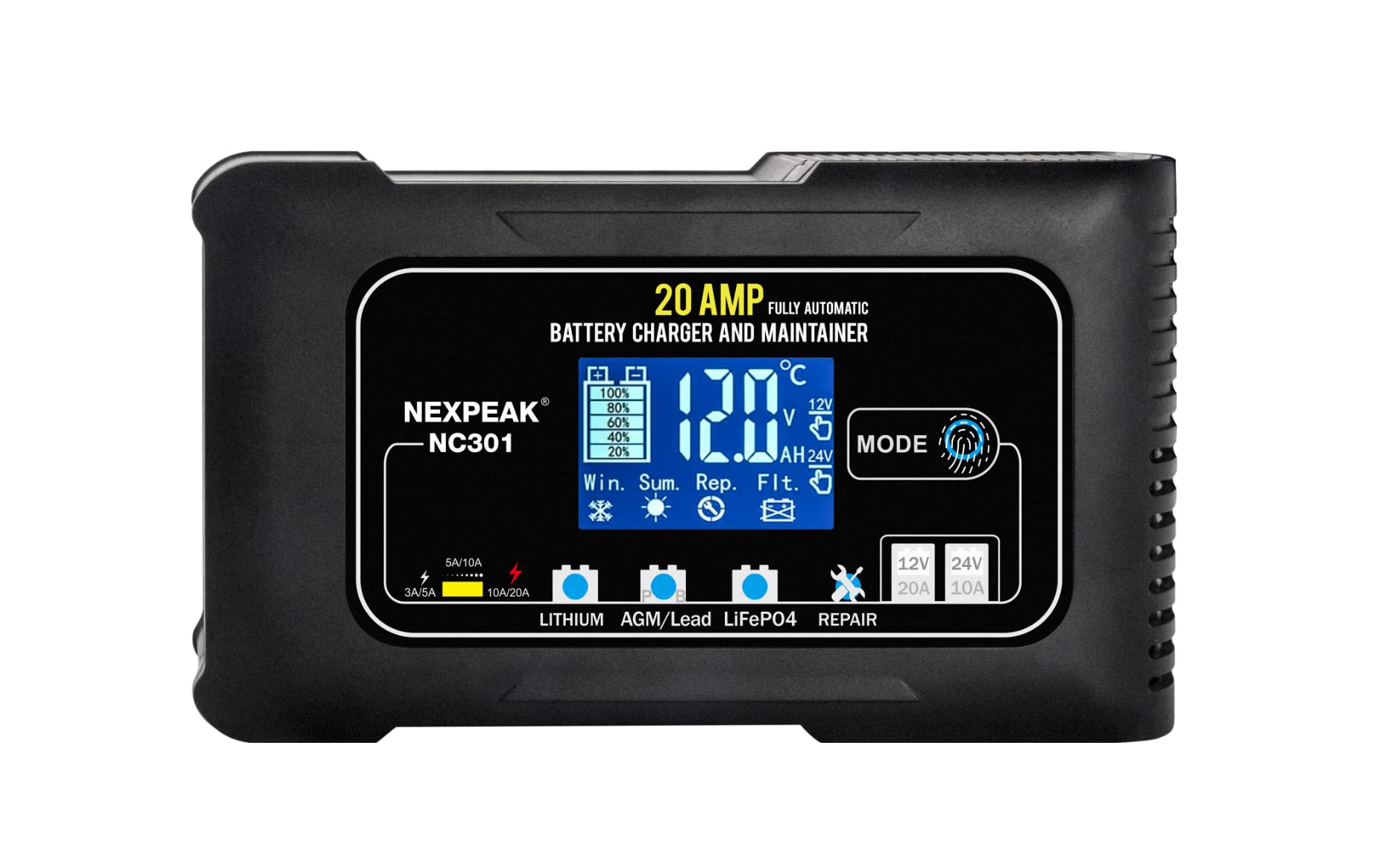 NEXPEAK NC301 20-Amp Car Battery Charger, 12V and 24V Smart Fully Automatic LiFePO4 Battery Charger Maintainer Trickle Charger w/Temp Compensation for Car Truck Boat Lead Acid Batteries