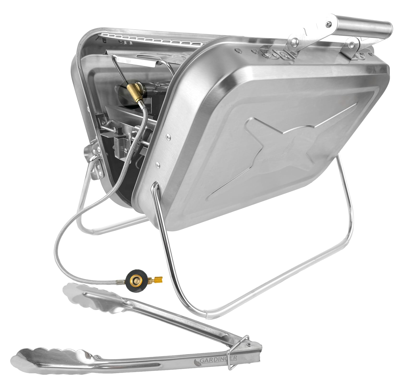 GARDINGER BBQ 45 mobiler Koffergrill aus Edelstahl für Gaskartuschen | Klappbarer Camping-Grill für Picknick Outdoor mit Edelstahlgrillzange | 44,5x30x11,3 cm