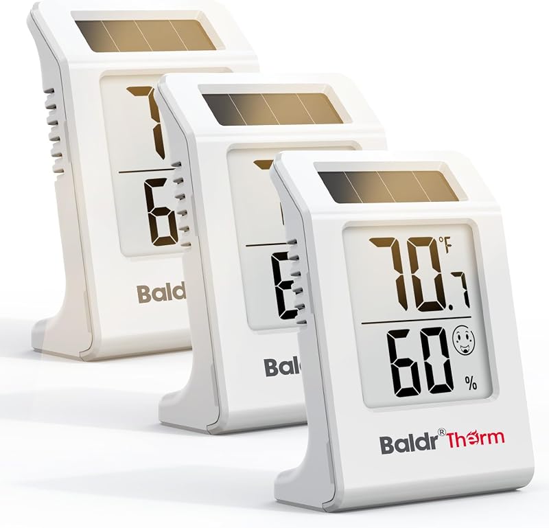 BaldrTherm Digital Thermometer and Humidity Meter, Solar-Powered 2.2" Indoor Temperature Sensor Humidity Monitor, Humidity Gauge for Baby Rooms, Bedrooms, Home, Office, and Wine Cellars, White, 3Pack
