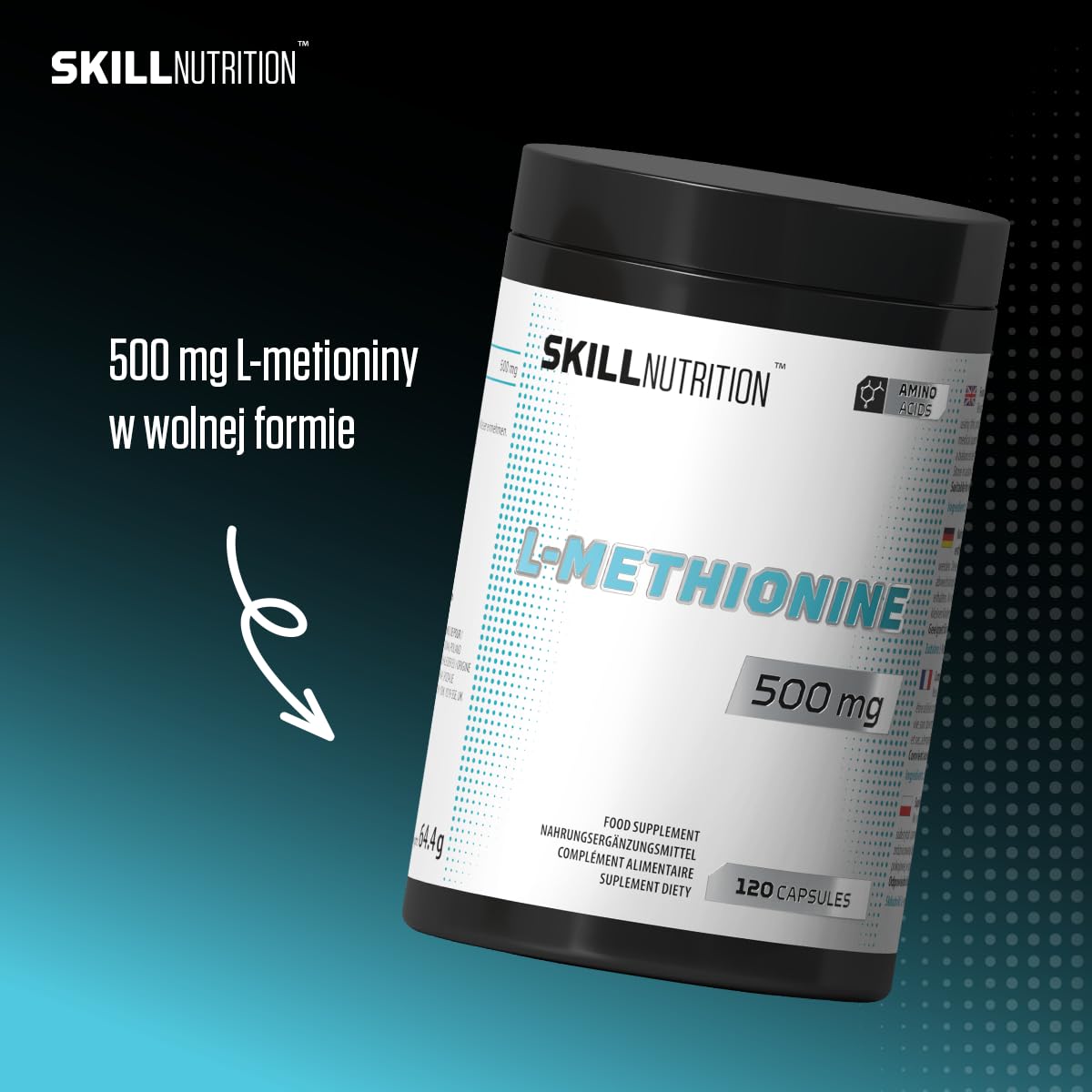 SKILL Nutrition L-Metionina 500 mg | 120 kapsułek wegańskich | Aminokwas siarkowy, wsparcie syntezy białek | Bez cukru, tłuszczu, halal i kosher | Suplement diety