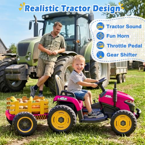 Image of ARBELI 24V Ride On Tractor w /2.4G Remote Control, Tiltable Trailer, Pink