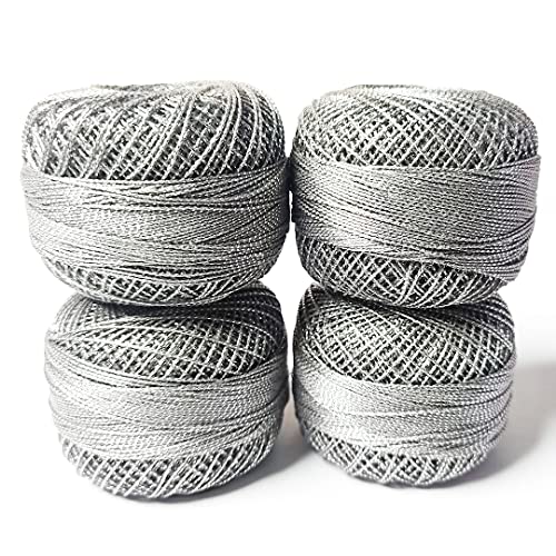 Image of Adikala Metallic Cotton Tatting Shuttle,Crochet Dori Balls for Knitting, Weaving, Embroidery and Craft Making (Set of 4)- 100GMS (Silver)