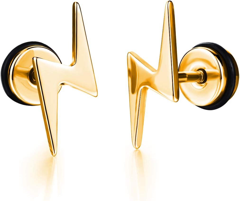 Unisex Screw Flat Back Lightning Bolt Stud Earring in High Polished Surgical Steel - Plated in 14K Yellow Gold or 925 Sterling Silver