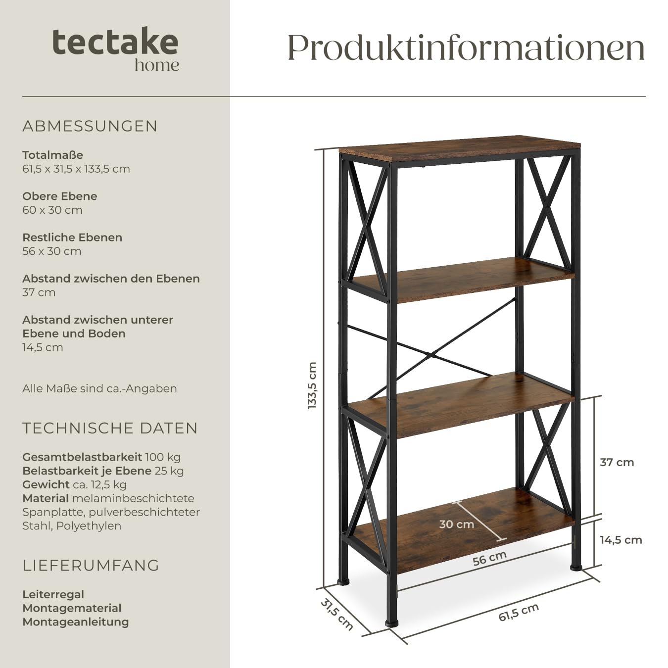 tectake® Industrial Regal mit 4 Ebenen, 61,5 x 31,5 x 133,5 cm, Standregal, Bücherregal, für Deko Wohnzimmer, Möbel für Arbeitszimmer, als Wohnzimmerschrank - Industrial Dunkelbraun