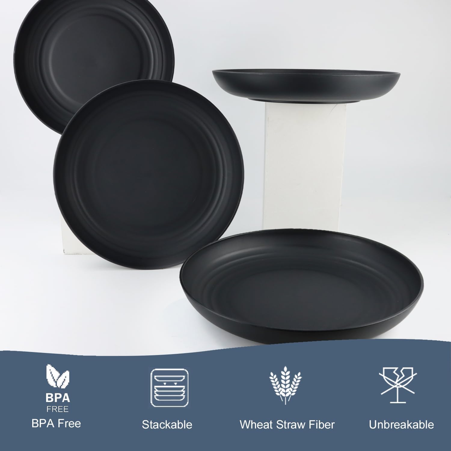 Homienly Deep Dinner Plates Set of 12 - Alternative to Plastic - Microwave & Dishwasher Safe - Wheat Straw - Unbreakable - Kids Plates (Black, 10 inch)