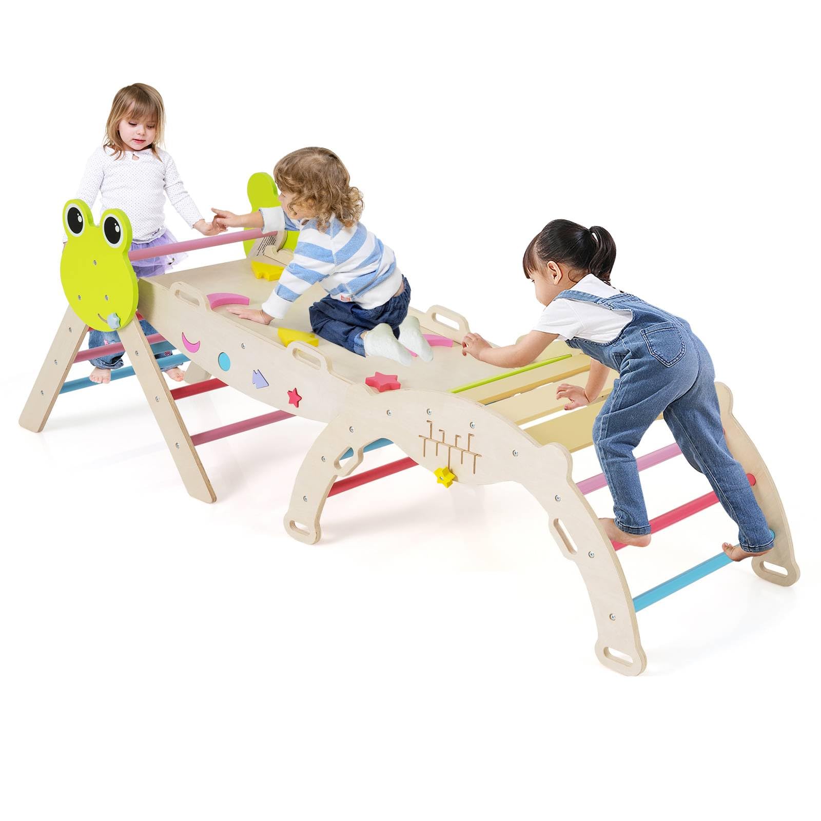 COSTWAY Toddler Climbing Frame, Kids Wooden Climber Toys Set with Arch, Reversible Ramp, Indoor Montessori Play Gym for Boys Girls 3 Years Old+ (7 in 1 Frog-Themed, Colorful)